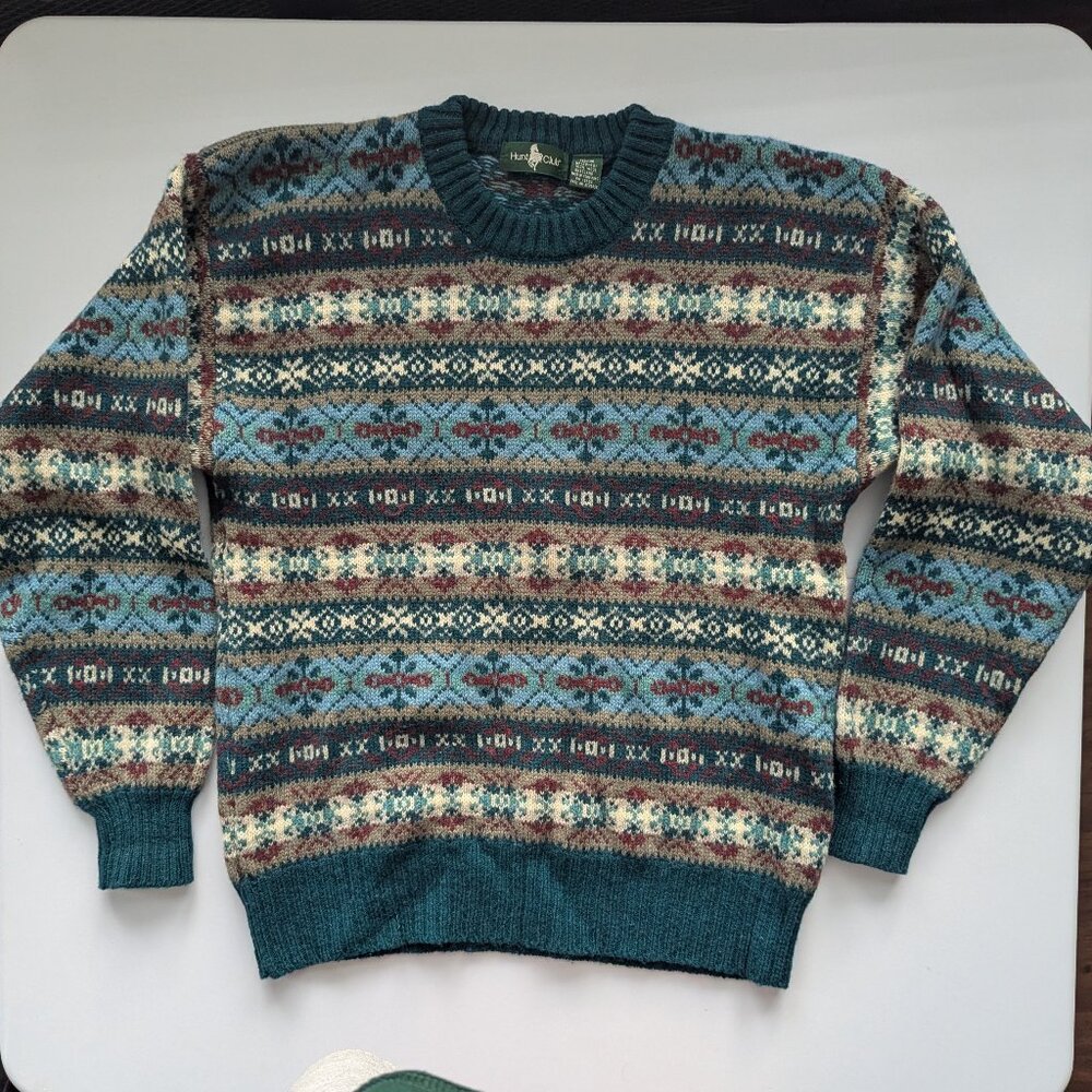 VTG 100% Shetland Wool Sweater Hunt Club Fair Isle Teal/Brown Men Med Shaggy dog